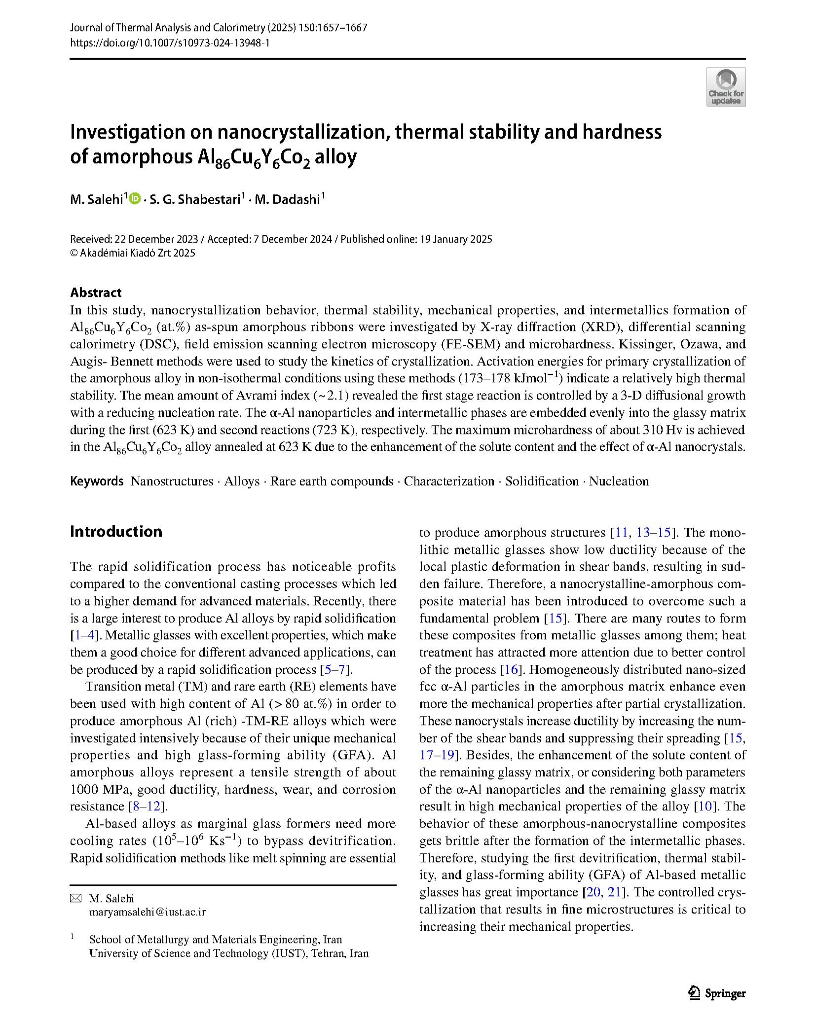 Investigation on nanocrystallization, thermal stability and hardness of amorphous Al86Cu6Y6Co2 alloy