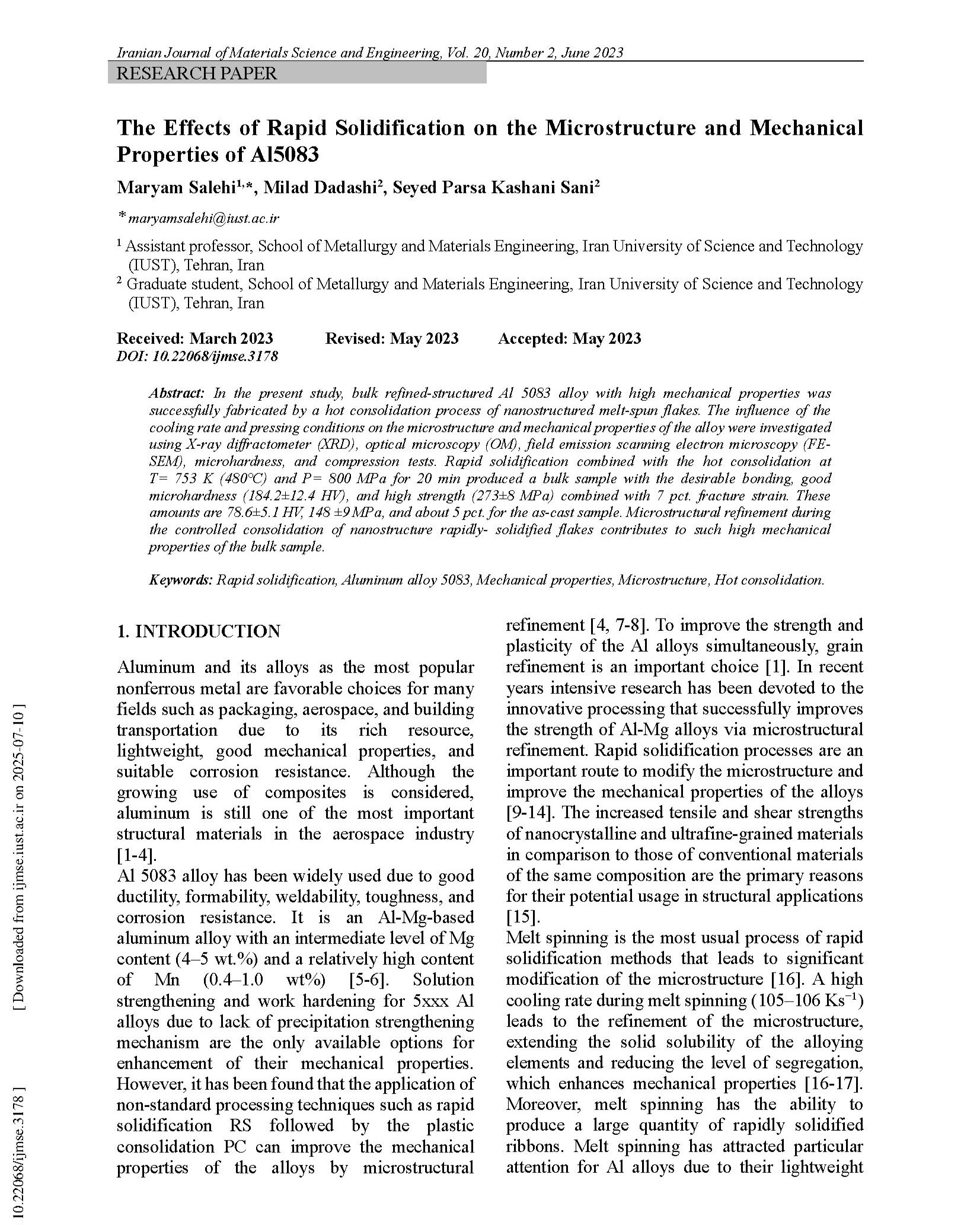 The Effects of Rapid Solidification on the Microstructure and Mechanical Properties of Al5083